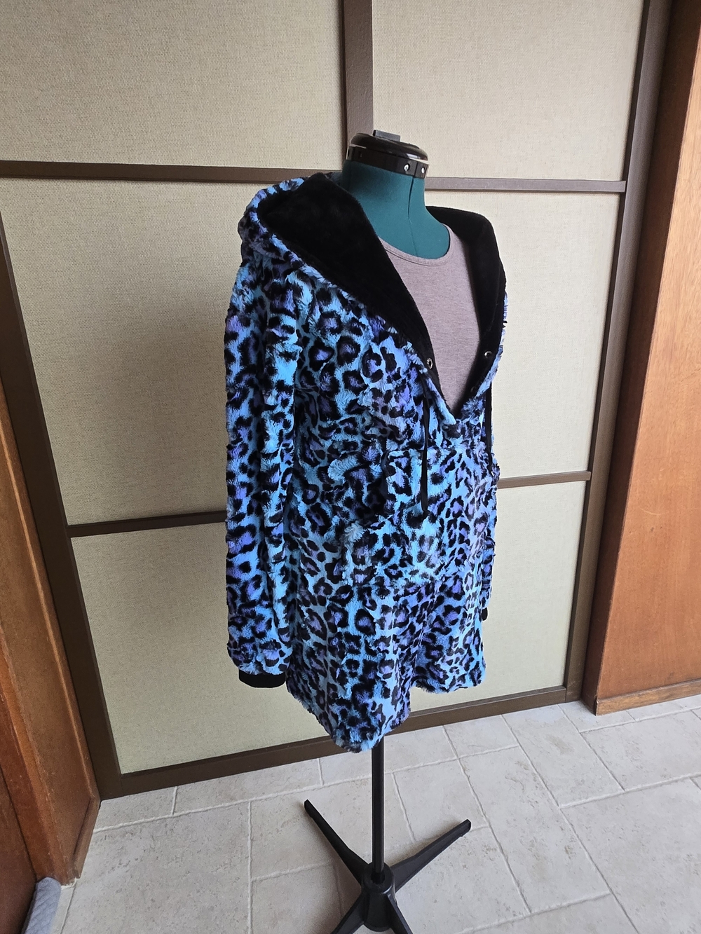 Blue Leopard Plush Hooded Jacket Romper - Picture 3 of 6